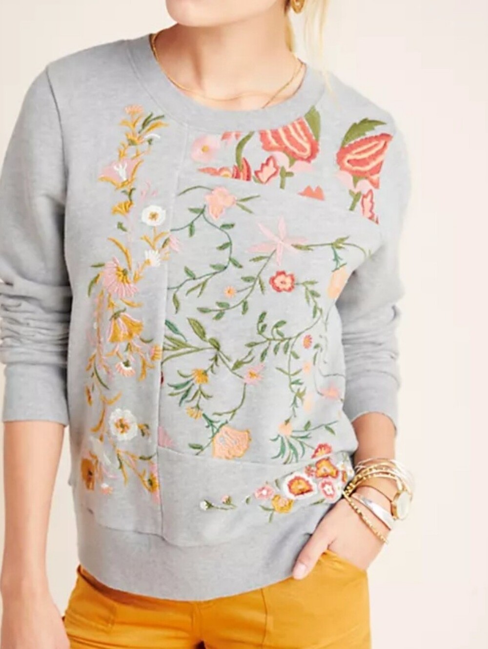 Embroidered Floral Crewneck Sweatshirt - Light Gray